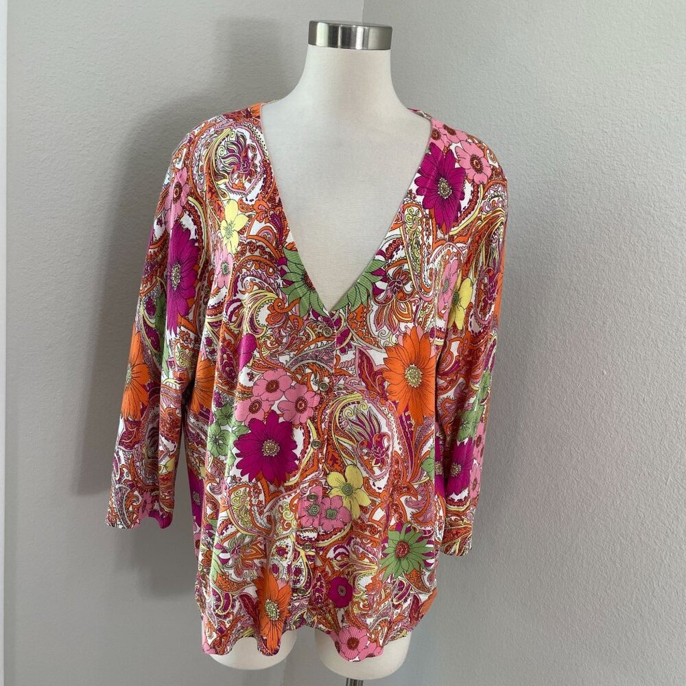 Talbots Woman Plus‎ 2X Paisley Floral V Neck Button Up Cardigan Sweater Knit Top
